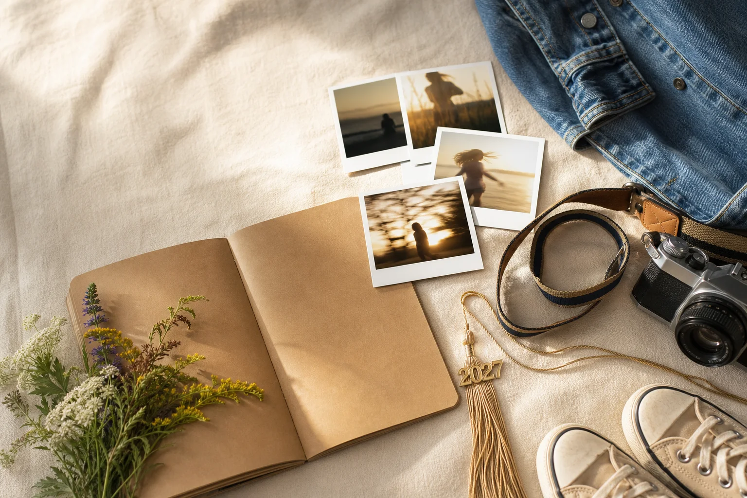 Class of 2027 senior portrait planning flat lay with photographs, camera, wildflowers, notebook, sneakers, denim jacket, and graduation tassel