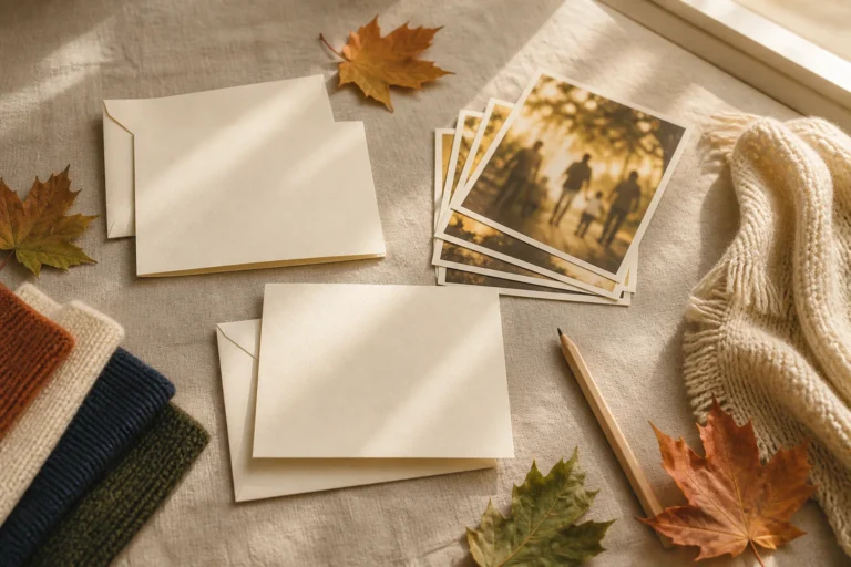 Fall family photo planning flat lay with blank cards, autumn leaves, knit clothing swatches, pencil, and abstract family photo prints