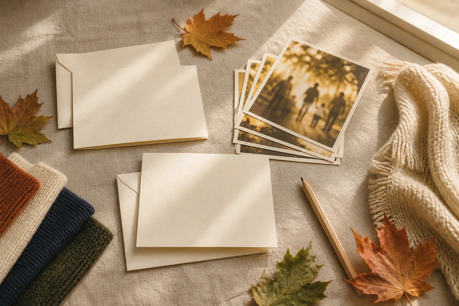 Fall family photo planning flat lay with blank cards, autumn leaves, knit clothing swatches, pencil, and abstract family photo prints