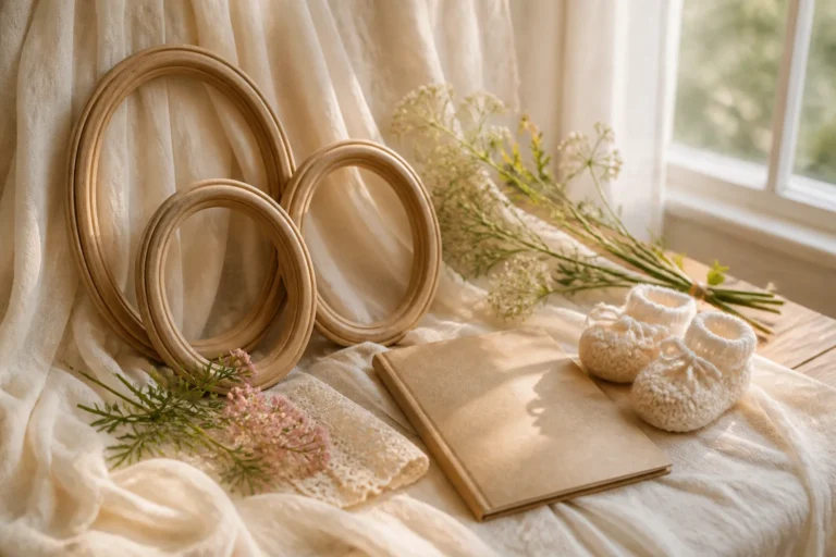 Maternity photo planning still life with neutral fabric, baby booties, empty wooden frames, journal, and wildflowers